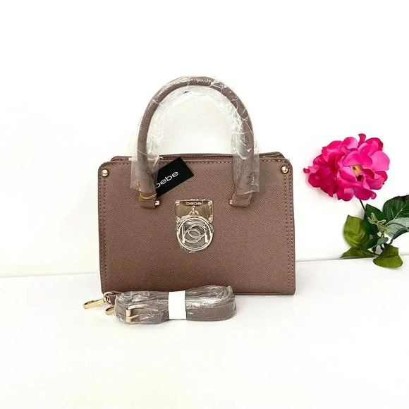 bebe Handbags - BEBE Kate Satchel Shopper Bag Removable Strap Taupe